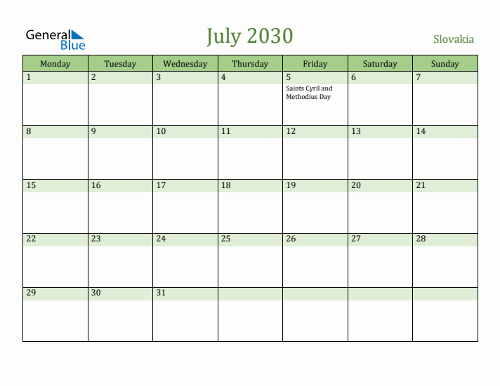 July 2030 Calendar with Slovakia Holidays