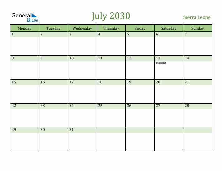 July 2030 Calendar with Sierra Leone Holidays