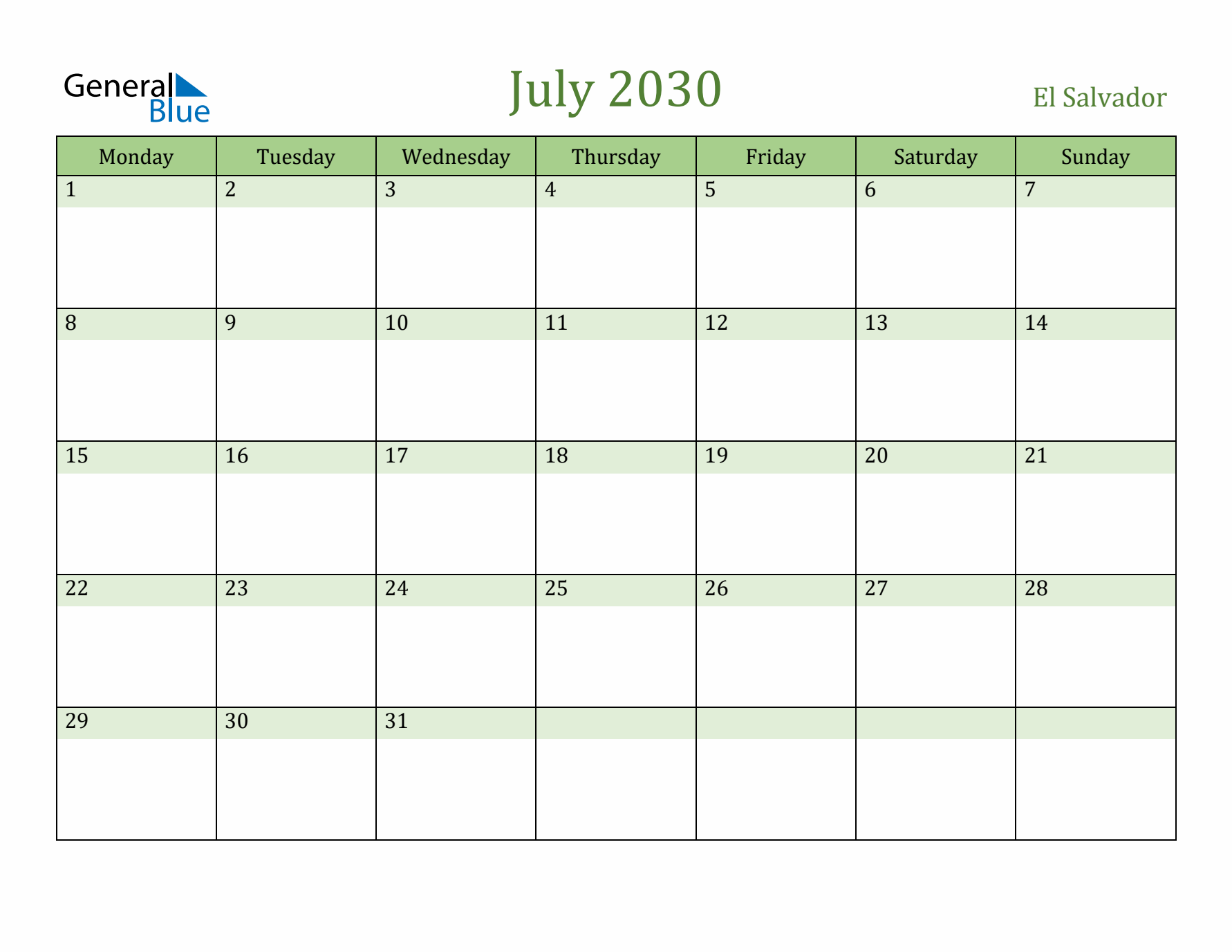 July 2030 Calendar with El Salvador Holidays
