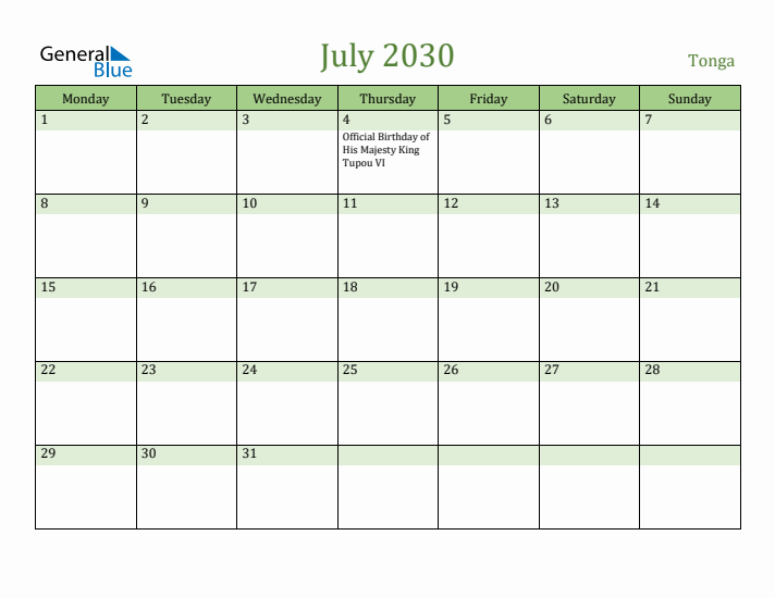 July 2030 Calendar with Tonga Holidays
