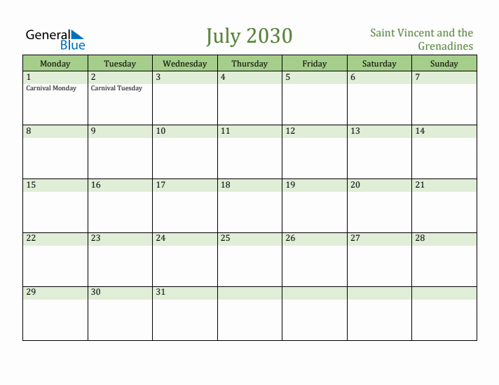 July 2030 Calendar with Saint Vincent and the Grenadines Holidays
