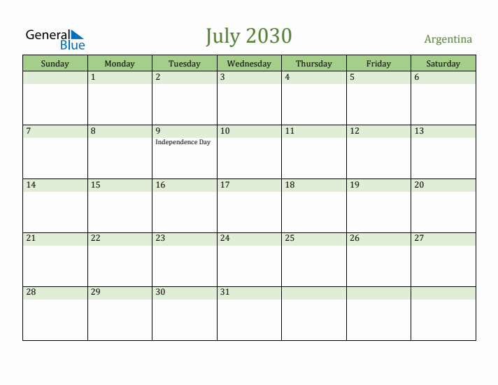 July 2030 Calendar with Argentina Holidays