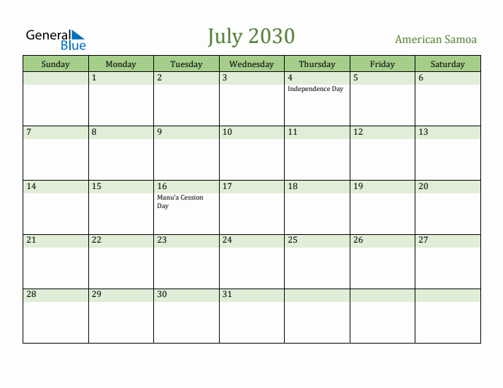 July 2030 Calendar with American Samoa Holidays
