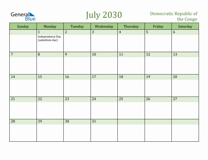 July 2030 Calendar with Democratic Republic of the Congo Holidays
