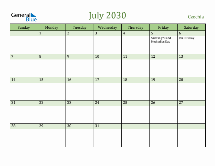 July 2030 Calendar with Czechia Holidays