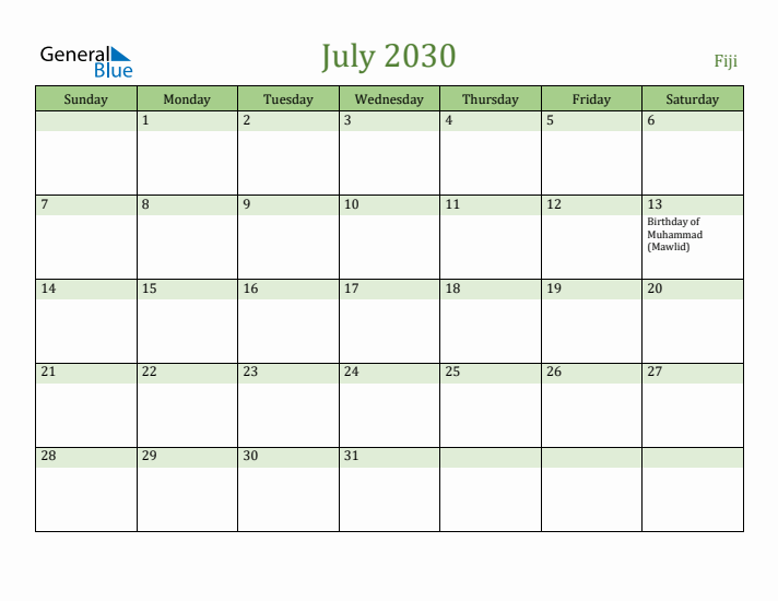 July 2030 Calendar with Fiji Holidays