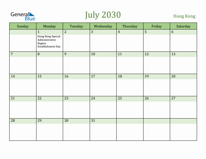 July 2030 Calendar with Hong Kong Holidays