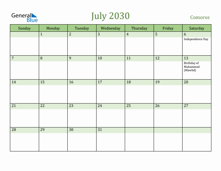 July 2030 Calendar with Comoros Holidays