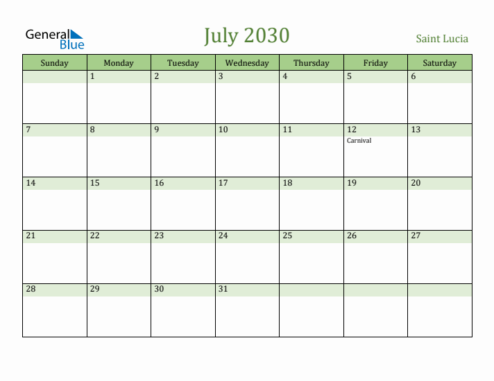 July 2030 Calendar with Saint Lucia Holidays