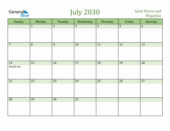 July 2030 Calendar with Saint Pierre and Miquelon Holidays