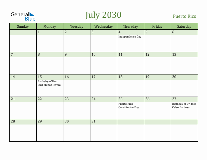 July 2030 Calendar with Puerto Rico Holidays