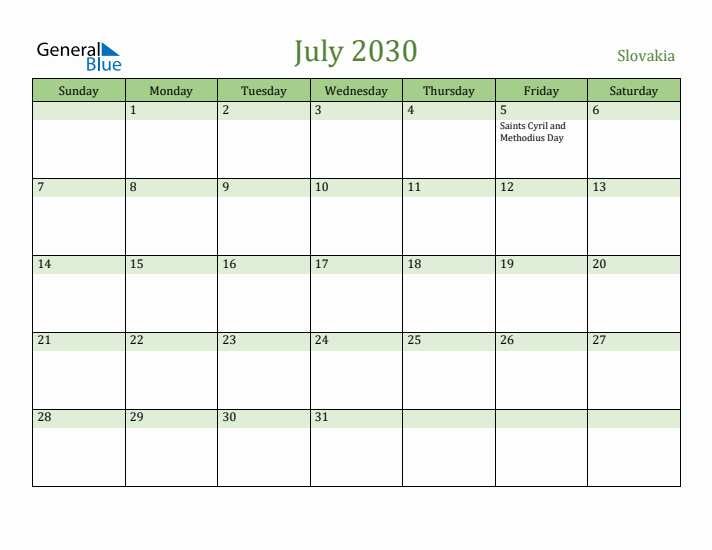 July 2030 Calendar with Slovakia Holidays