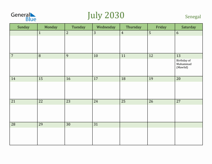 July 2030 Calendar with Senegal Holidays