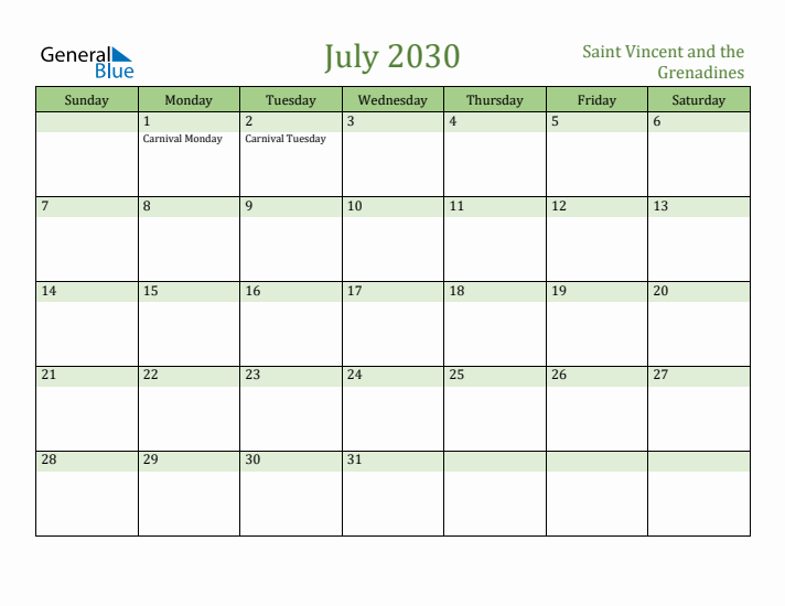 July 2030 Calendar with Saint Vincent and the Grenadines Holidays