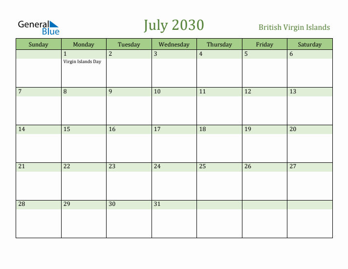 July 2030 Calendar with British Virgin Islands Holidays
