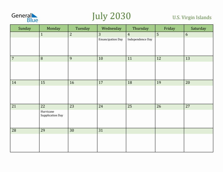 July 2030 Calendar with U.S. Virgin Islands Holidays