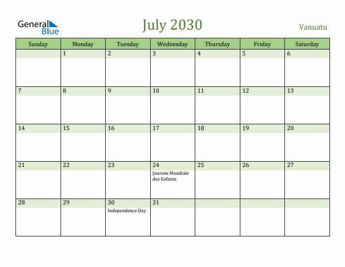 July 2030 Calendar with Vanuatu Holidays