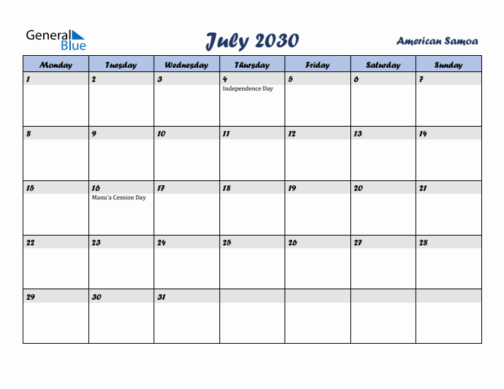 July 2030 Calendar with Holidays in American Samoa