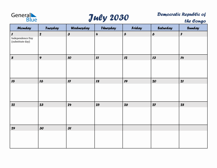 July 2030 Calendar with Holidays in Democratic Republic of the Congo