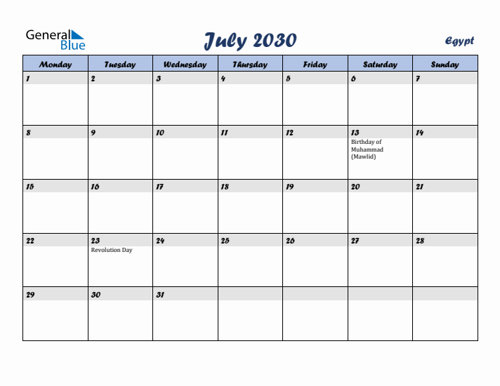 July 2030 Calendar with Holidays in Egypt