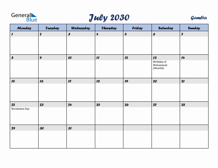 July 2030 Calendar with Holidays in Gambia