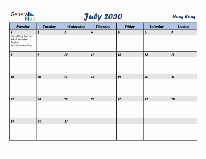 July 2030 Calendar with Holidays in Hong Kong