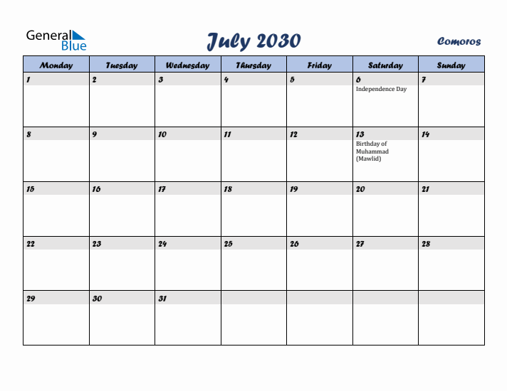 July 2030 Calendar with Holidays in Comoros