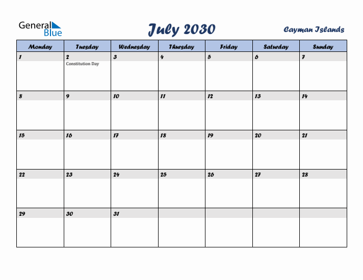 July 2030 Calendar with Holidays in Cayman Islands