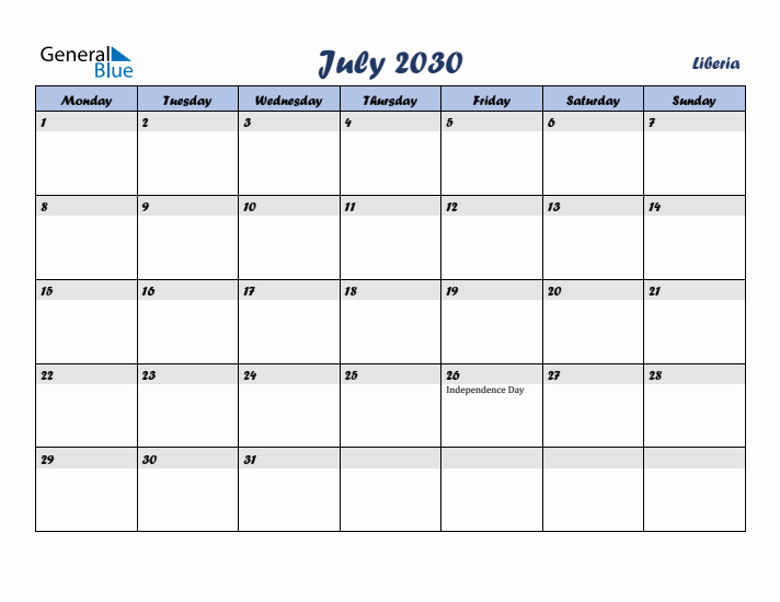 July 2030 Calendar with Holidays in Liberia