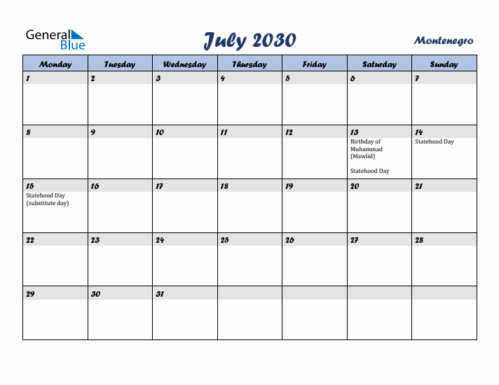 July 2030 Calendar with Holidays in Montenegro