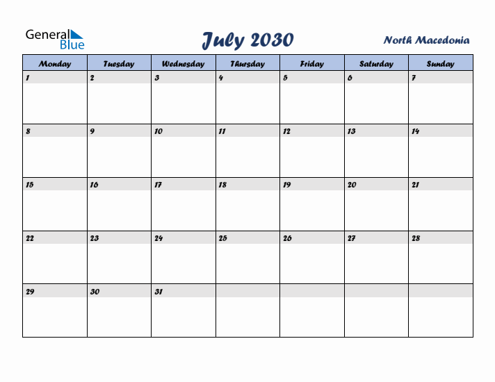 July 2030 Calendar with Holidays in North Macedonia