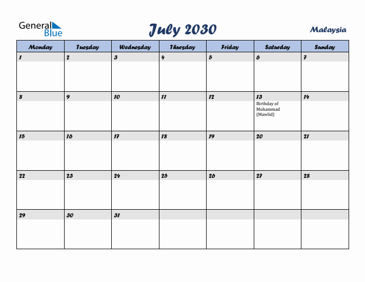 July 2030 Calendar with Holidays in Malaysia