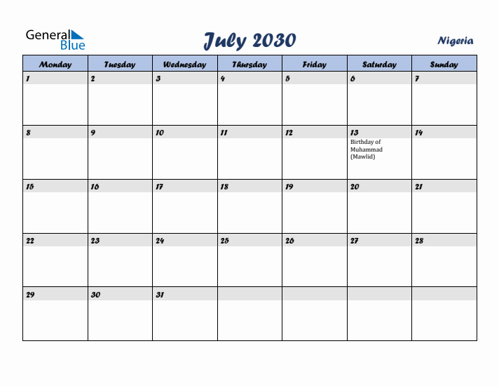 July 2030 Calendar with Holidays in Nigeria