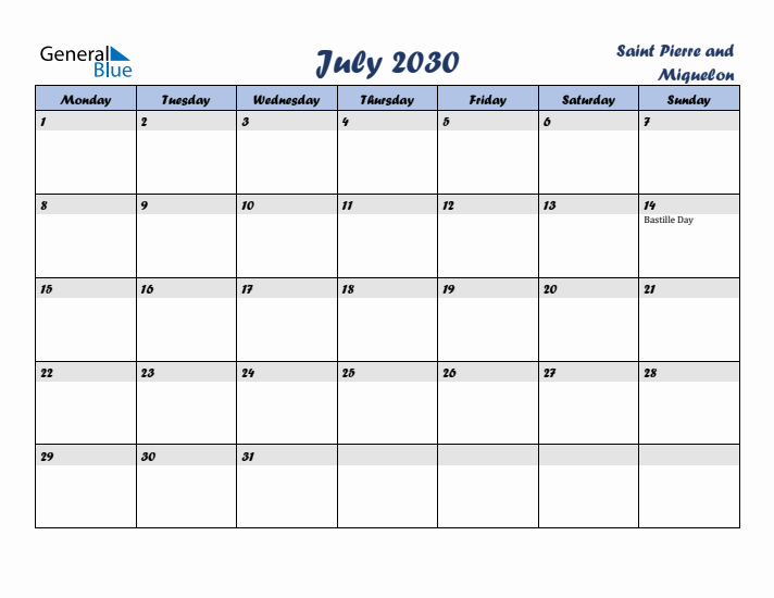 July 2030 Calendar with Holidays in Saint Pierre and Miquelon
