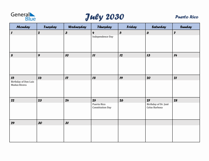 July 2030 Calendar with Holidays in Puerto Rico