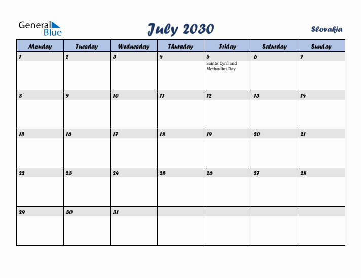 July 2030 Calendar with Holidays in Slovakia