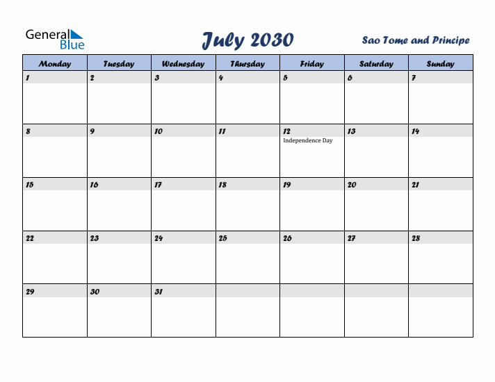 July 2030 Calendar with Holidays in Sao Tome and Principe