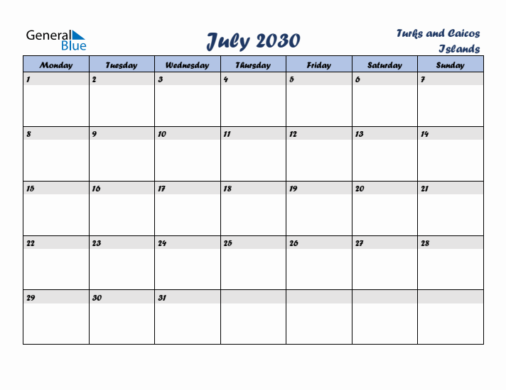 July 2030 Calendar with Holidays in Turks and Caicos Islands