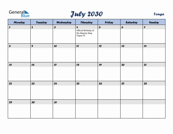 July 2030 Calendar with Holidays in Tonga