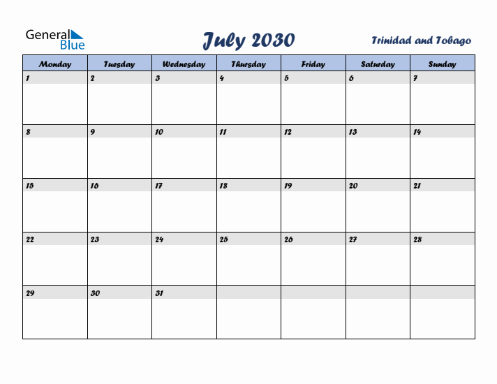 July 2030 Calendar with Holidays in Trinidad and Tobago