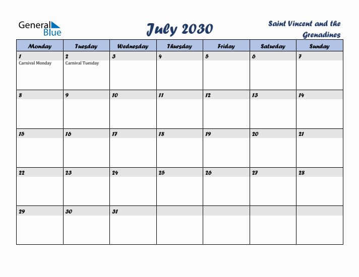 July 2030 Calendar with Holidays in Saint Vincent and the Grenadines