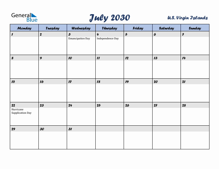 July 2030 Calendar with Holidays in U.S. Virgin Islands