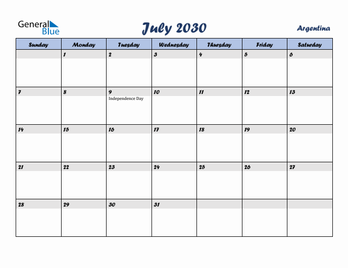 July 2030 Calendar with Holidays in Argentina