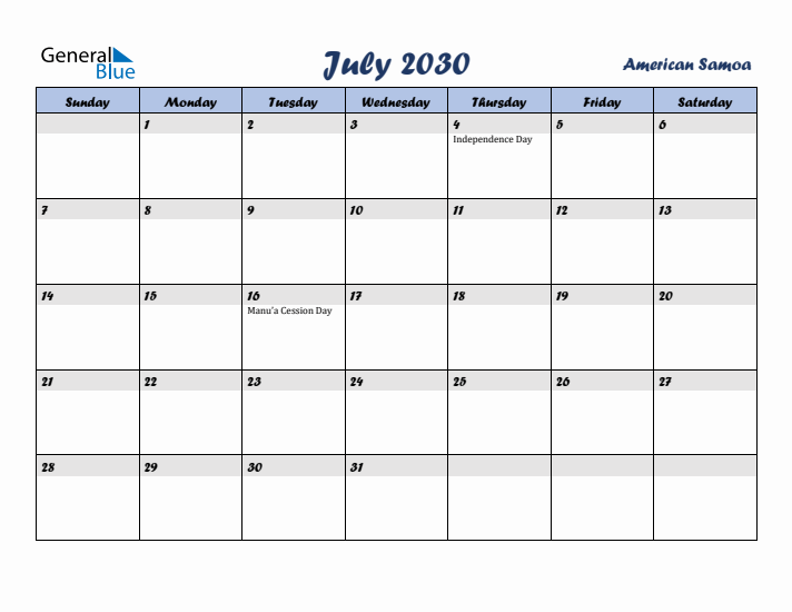 July 2030 Calendar with Holidays in American Samoa