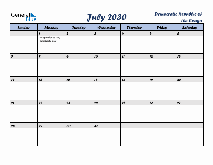 July 2030 Calendar with Holidays in Democratic Republic of the Congo
