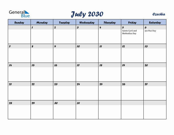 July 2030 Calendar with Holidays in Czechia