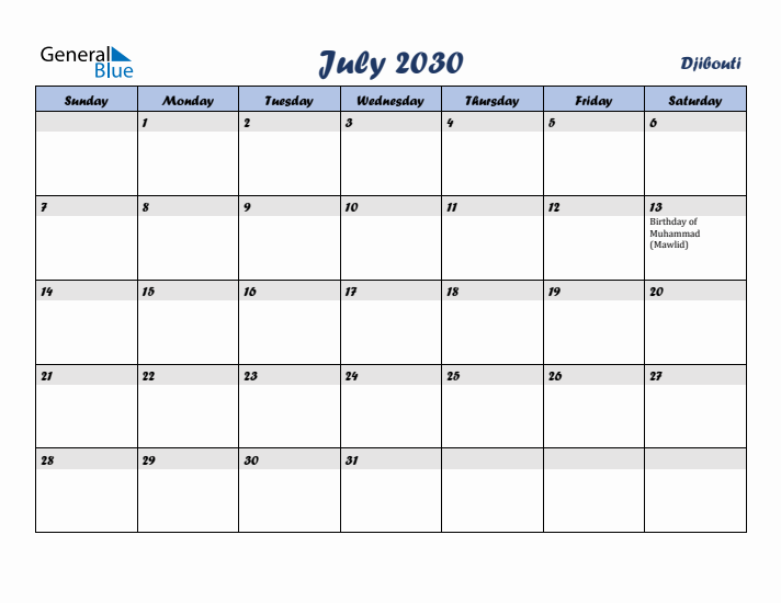 July 2030 Calendar with Holidays in Djibouti