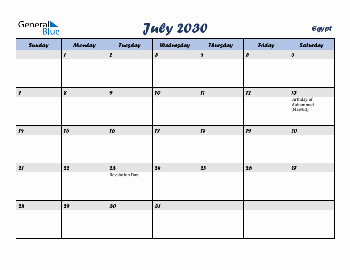 July 2030 Calendar with Holidays in Egypt
