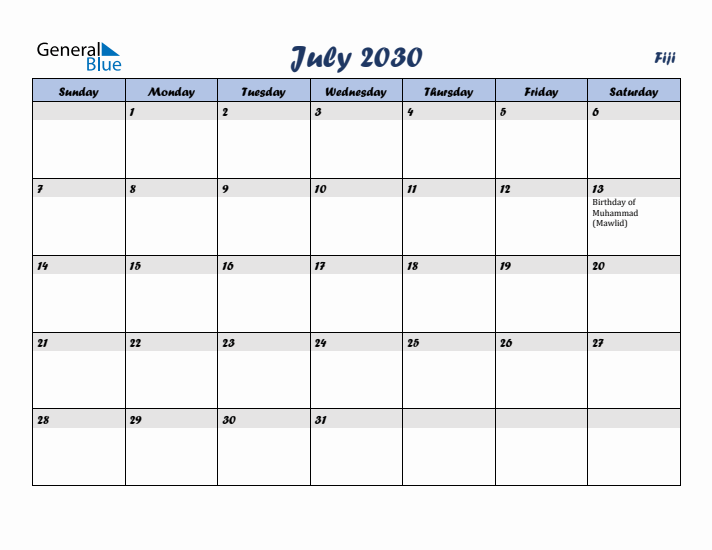 July 2030 Calendar with Holidays in Fiji