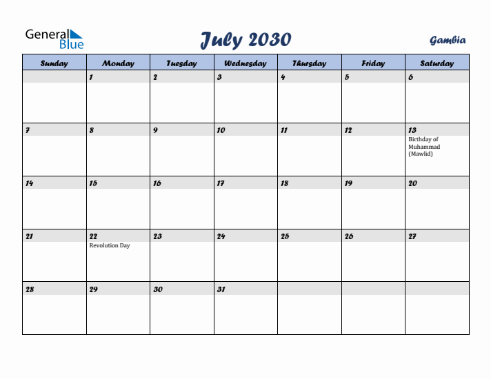 July 2030 Calendar with Holidays in Gambia